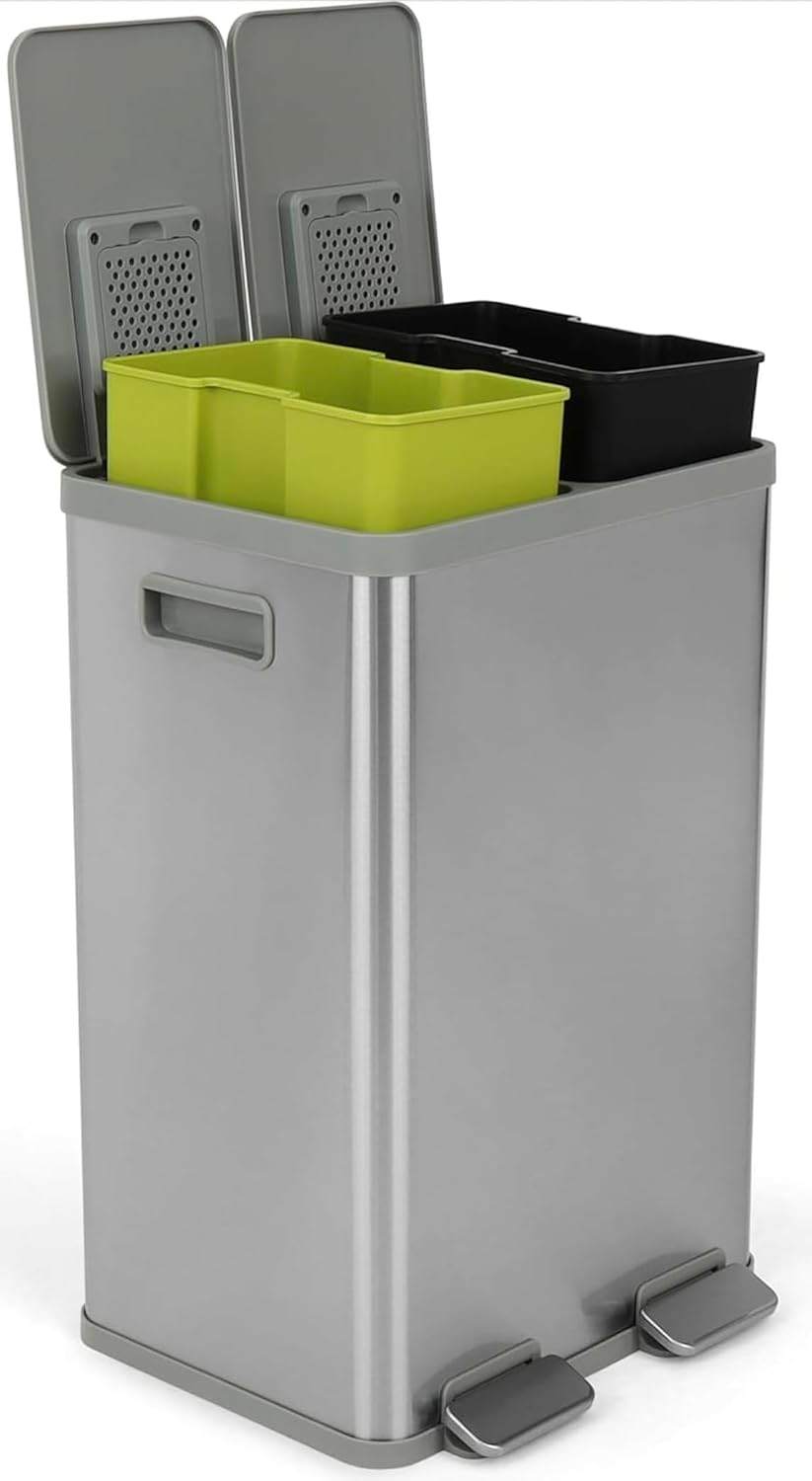 SIMPLI-Magic 10.5 Gallon (2 x 5.3 Gallon) / 40 Liter Mini Space-Saving Dual Compartment Stainless Steel KitchenTrash Can, Step-On Kitchen Garbage Bin with Removable Inner Buckets and Soft-Close Lid