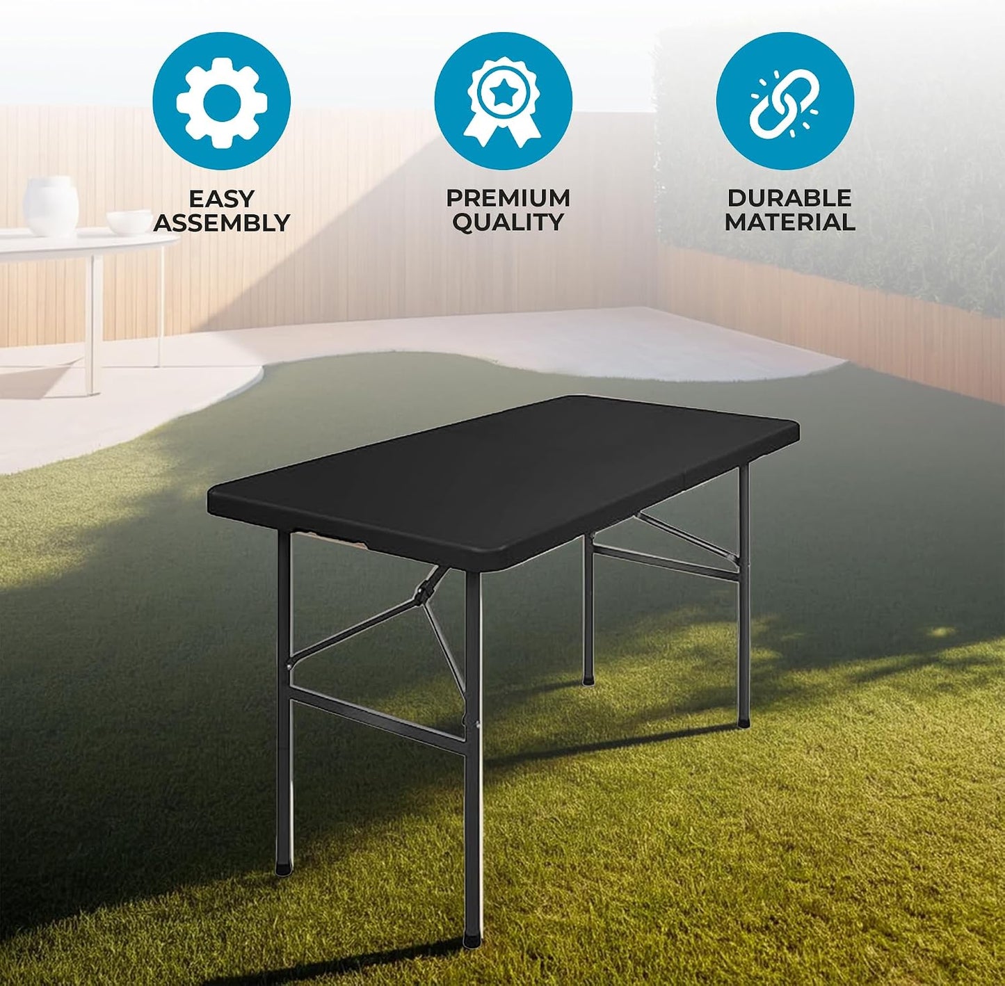 Simpli-Magic 4ft Portable Plastic Folding Table – Indoor & Outdoor Heavy-Duty Foldable Utility Table w/Handle for Party & Camping (Black)