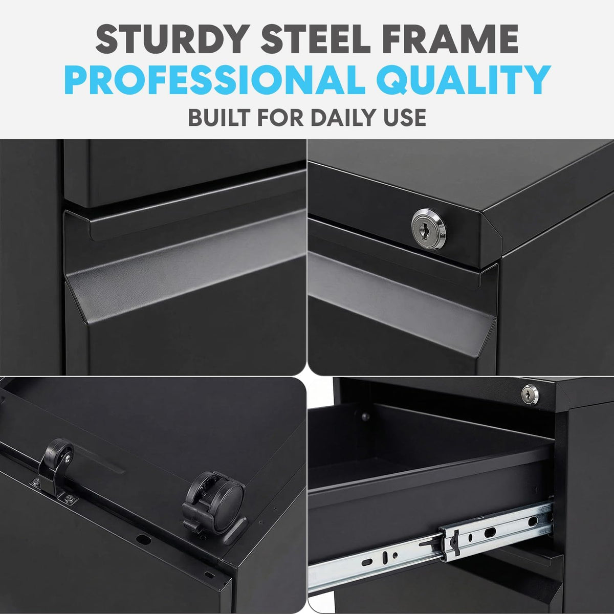 SIMPLI-MAGIC 3-Drawer Mobile File Cabinet with Lock - Under Desk Rolling Metal Filing Cabinet, Letter/Legal/A4, Fully Assembled, Home Office Organizer 2 Pack, Black