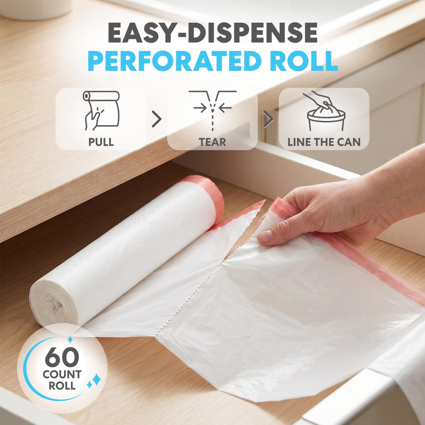 SIMPLI-MAGIC 8 Gallon / 30 Liter Trash Liner (Code A), Tear-Resistant Trash Bags for Kitchen, Office, Bathroom, and Bedroom Trash Cans, 60 pack