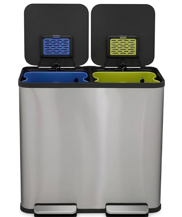 70 Liter / 18.5 Gallon Rectangular Hands-Free Dual Compartment Recycling Kitchen Step Trash Can with Soft-Close Single Lid, Stainless Steel (40L x 30 L Capacity) Stainless Steel Finish