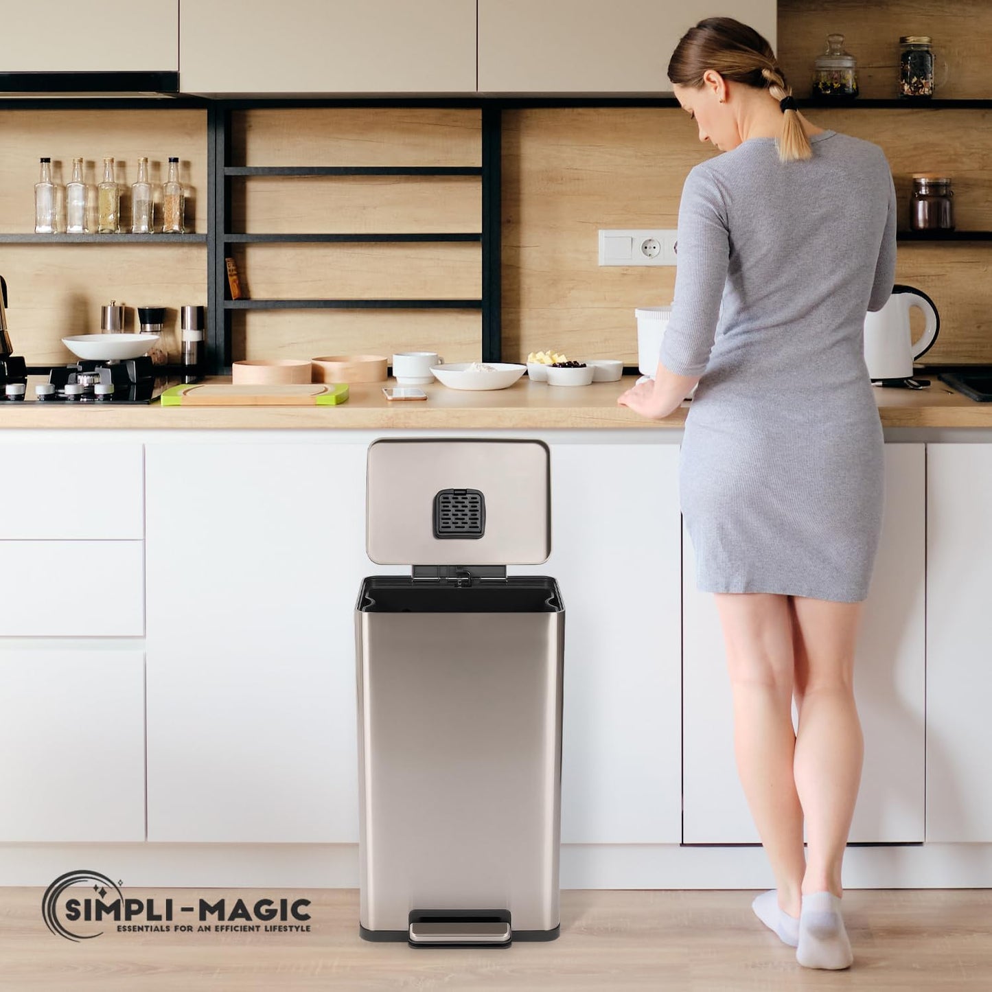 SIMPLI-Magic 13.2 Gallon/50 Liter, Kitchen Trash Can, Stainless Steel, Step-On Garbage Bin with Removable Inner Bucket for Kitchen, Office, and Bedroom, Rose Gold