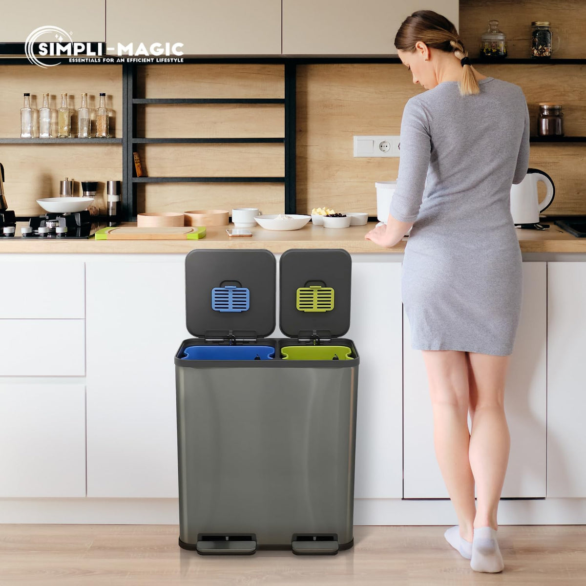 SIMPLI-MAGIC 18.5 Gallon (70L) Dual Compartment Kitchen Trash Can - Hands-Free Step Pedal, Soft-Close Lid, Stainless Steel Recycling Bin with Odor Filter (40L + 30L), Black
