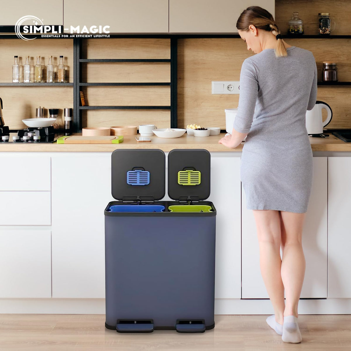 SIMPLI-MAGIC 70 Liter / 18.5 Gallon Dual Compartment Recycling Trash Can – Hands-Free Kitchen Step Bin with Soft-Close Lid, Odor Filter, Stainless Steel Foot Pedal, Black Finish (40L + 30L), Blue