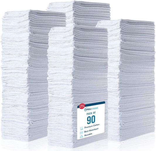 SIMPLI-MAGIC Cotton Shop Towels 14"x12" (90 Pack) – Reusable Cleaning Shop Rags for Automobiles, Industries, Garage and Homes (White)