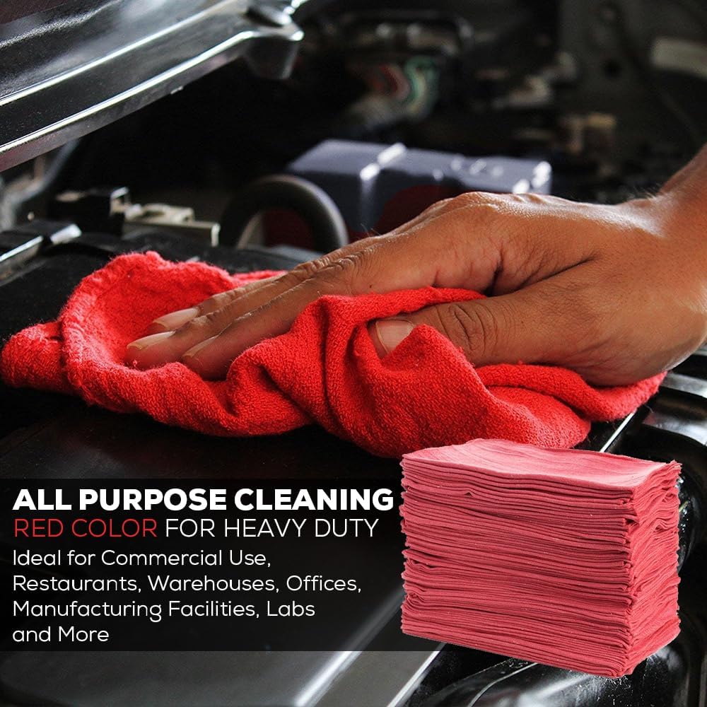 SIMPLI-MAGIC Cotton Shop Towels 14"x12" (90 Pack) – Reusable Cleaning Shop Rags for Automobiles, Industries, Garage and Homes (Red)
