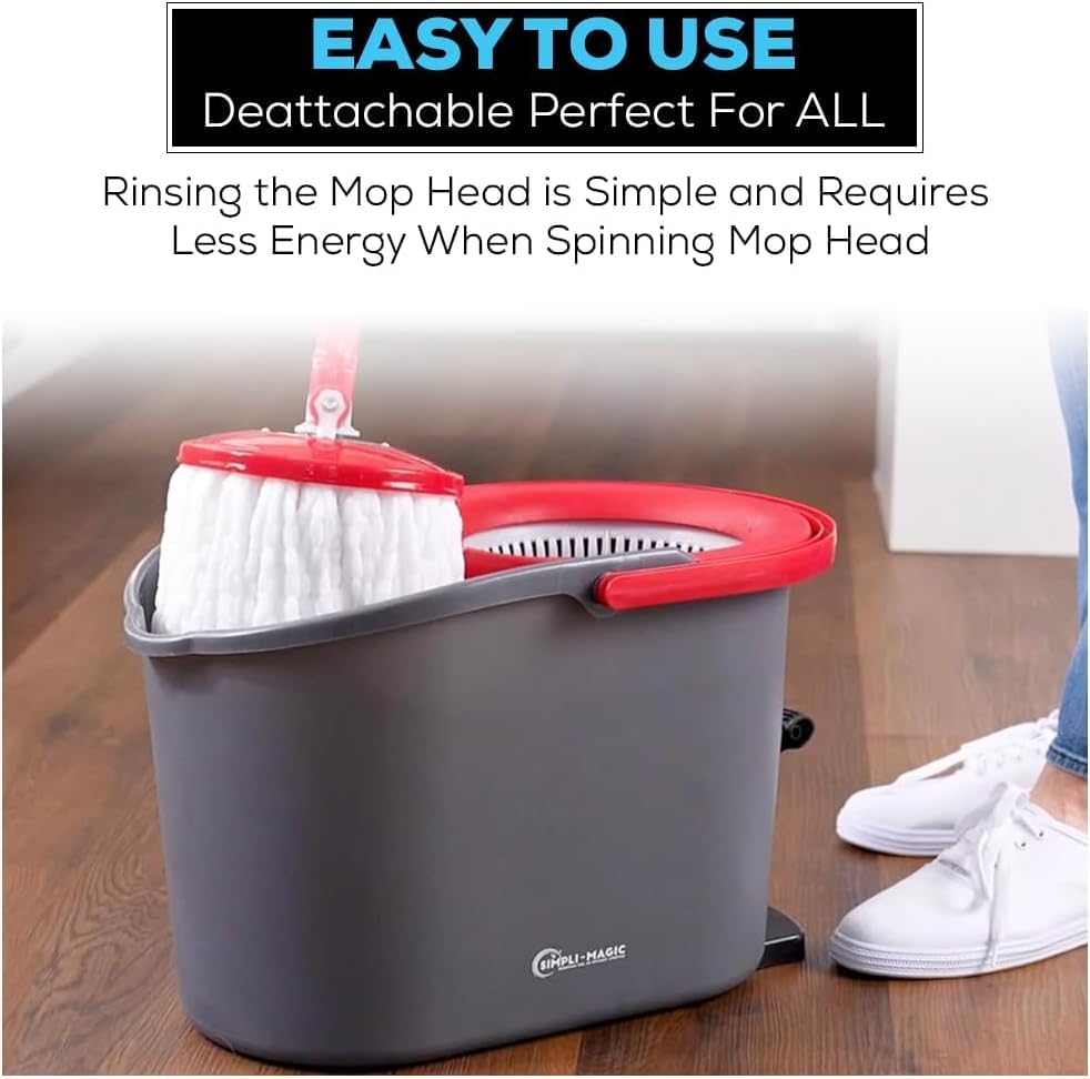 Simpli-Magic Spin Mop and Bucket with Wringer Set, Mop Bucket Cleaning System with Foot Pedal, 3 Microfiber Mop Heads, New Generation with More Spin Cycles