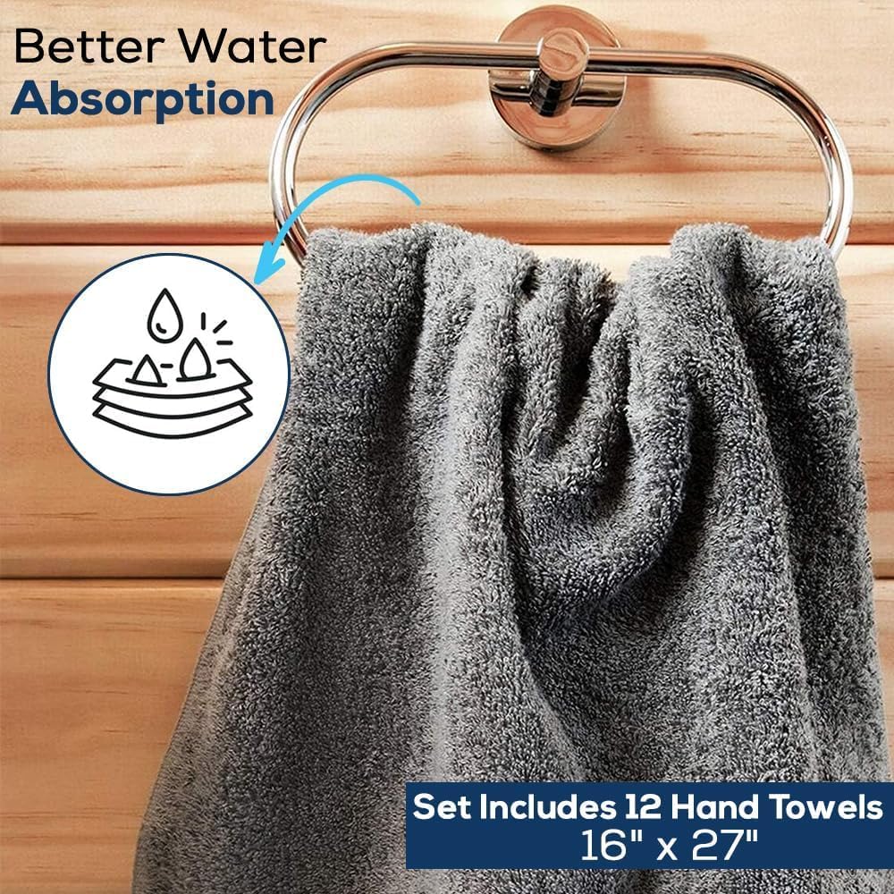 SIMPLI-MAGIC Cotton Hand Towels 16"x27" (12 Pack) – Soft Towels for Bathroom, Kitchen, Salon & Gym (Gray)