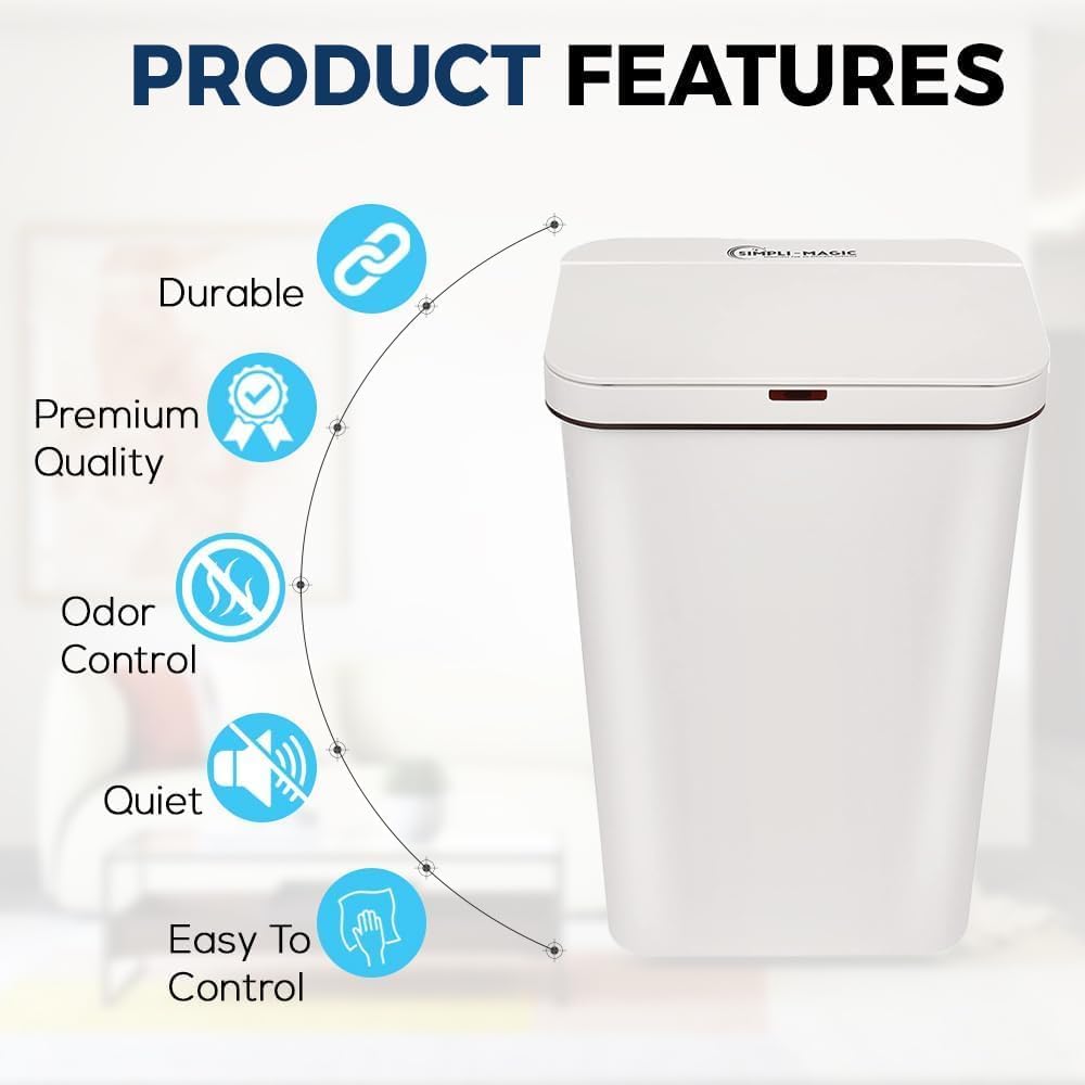 SIMPLI-MAGIC 13 Gallon (50L) Motion Sensor Touchless Trash Can – Automatic Hands-Free Garbage Can for Kitchen, Home, Office
