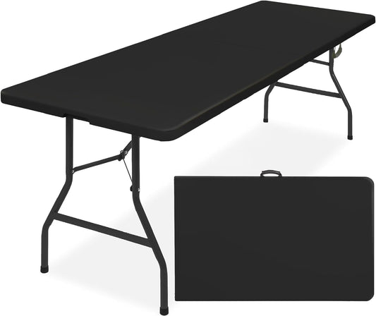 SIMPLI-MAGIC 8ft Portable Plastic Folding Table – Indoor & Outdoor Heavy-Duty Foldable Utility Table w/Handle for Party & Camping (Black)