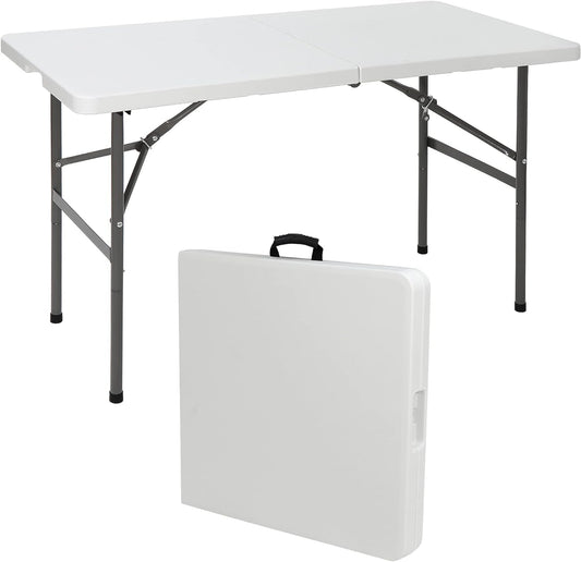 SIMPLI-MAGIC 4ft Portable Plastic Folding Table – 17% Thicker than Others – Indoor & Outdoor Heavy-Duty Foldable Utility Table w/Handle for Party & Camping (White)