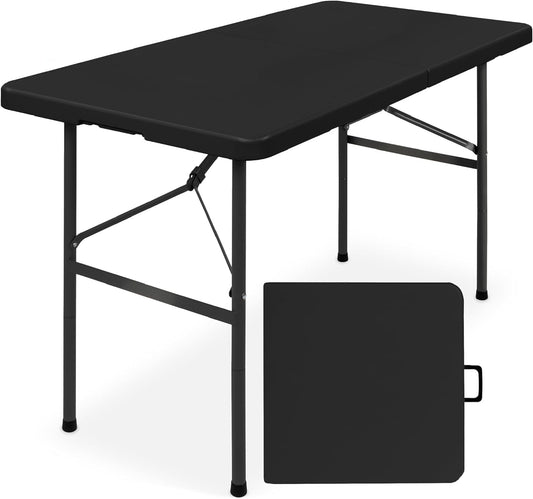 SIMPLI-MAGIC 4ft Portable Plastic Folding Table – 17% Thicker than Others – Indoor & Outdoor Heavy-Duty Foldable Utility Table w/Handle for Party & Camping (Black)