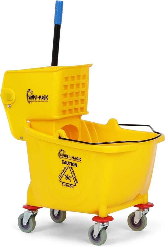 SIMPLI-MAGIC Commercial Mop Bucket with Side Press Wringer, 26 Quart – 50,000 Cycles Wringer – Industrial Mop Bucket with Wheels, Yellow