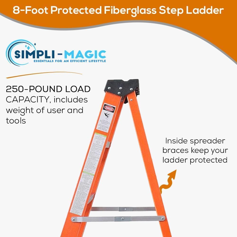 8-Foot Fiberglass Step Ladder, 250 LBS Capacity – 2024 Upgraded, Anti-Slip Rubber Feet, Lightweight & Durable Ladder for Home, Garage & Construction