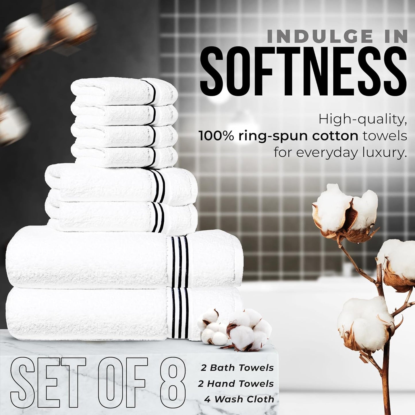 Simpli-Magic 8-Piece Premium Towel Set, 2 Bath Towels, 2 Hand Towels, and 4 Wash Cloths, 100% Ring Spun Cotton Highly Absorbent Towels for Bathroom, Gym, Hotel, and Spa