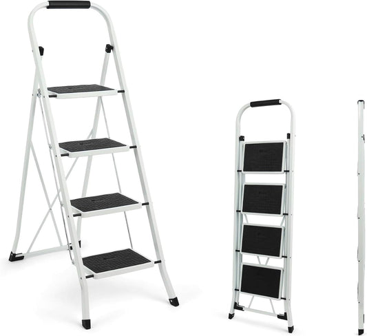 SIMPLI-MAGIC 4-Step Ladder, 350 LBS Capacity Folding Step Stool – Anti-Slip Wide Steps, Rubber Feet, Handgrip – ANSI Certified Lightweight & Durable Steel Stepping Stool for Kitchen, Home & Garage