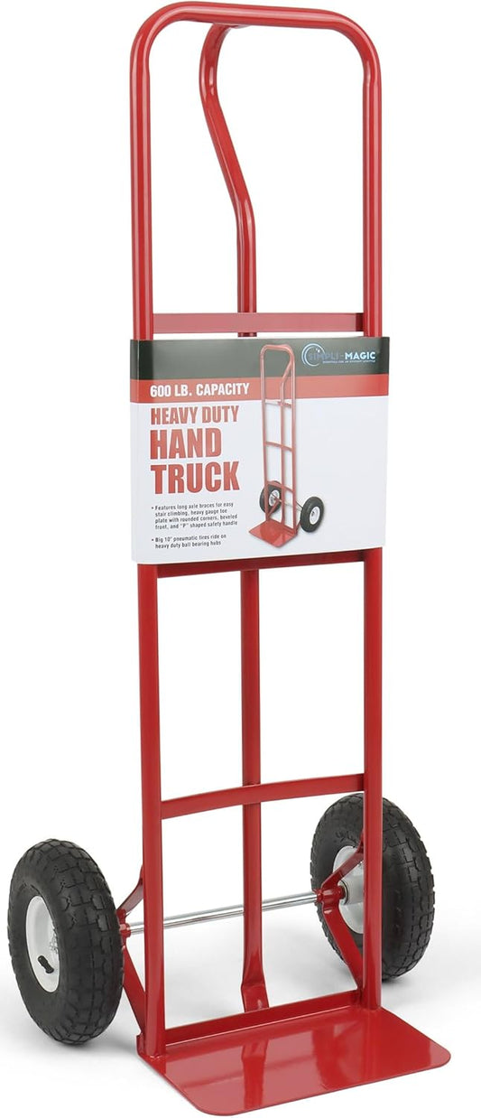 SIMPLI-MAGIC Steel Pneumatic Hand Truck Dolly, 600LBS – Convertible Heavy-Duty Moving Dolly Cart with 10" Wheels – Stable, Smooth Movement, Premium American Red Finish