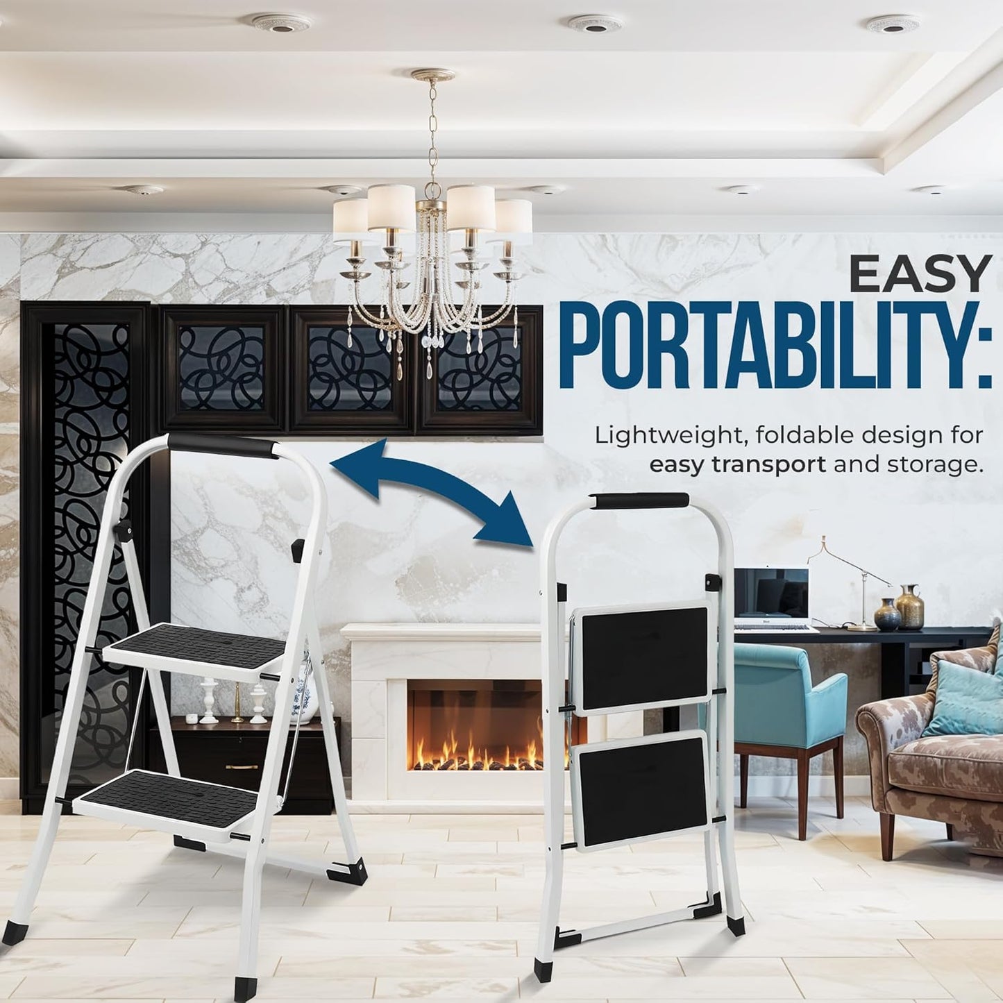 Simpli-Magic Step Ladder, 2 Step Stool Ergonomic Foldable with Wide Anti-Slip Pedal, Multi-Use for Household, Kitchen and Office (350 LBS Capacity)