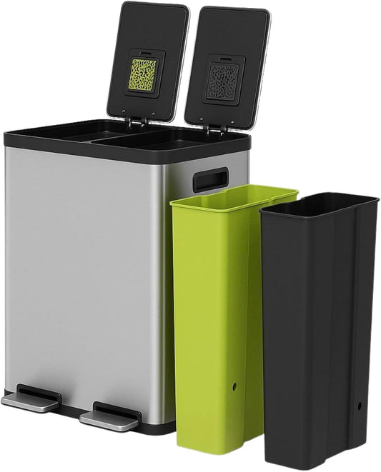 SIMPLI-MAGIC 16 Gallon (60L) Step Trash Can – Dual Compartment Kitchen Garbage Can With Waste & Recycling Bins – Slow-Close Lid, Odor Control, Hands-Free, Inner Bases, Premium Stainless Steel