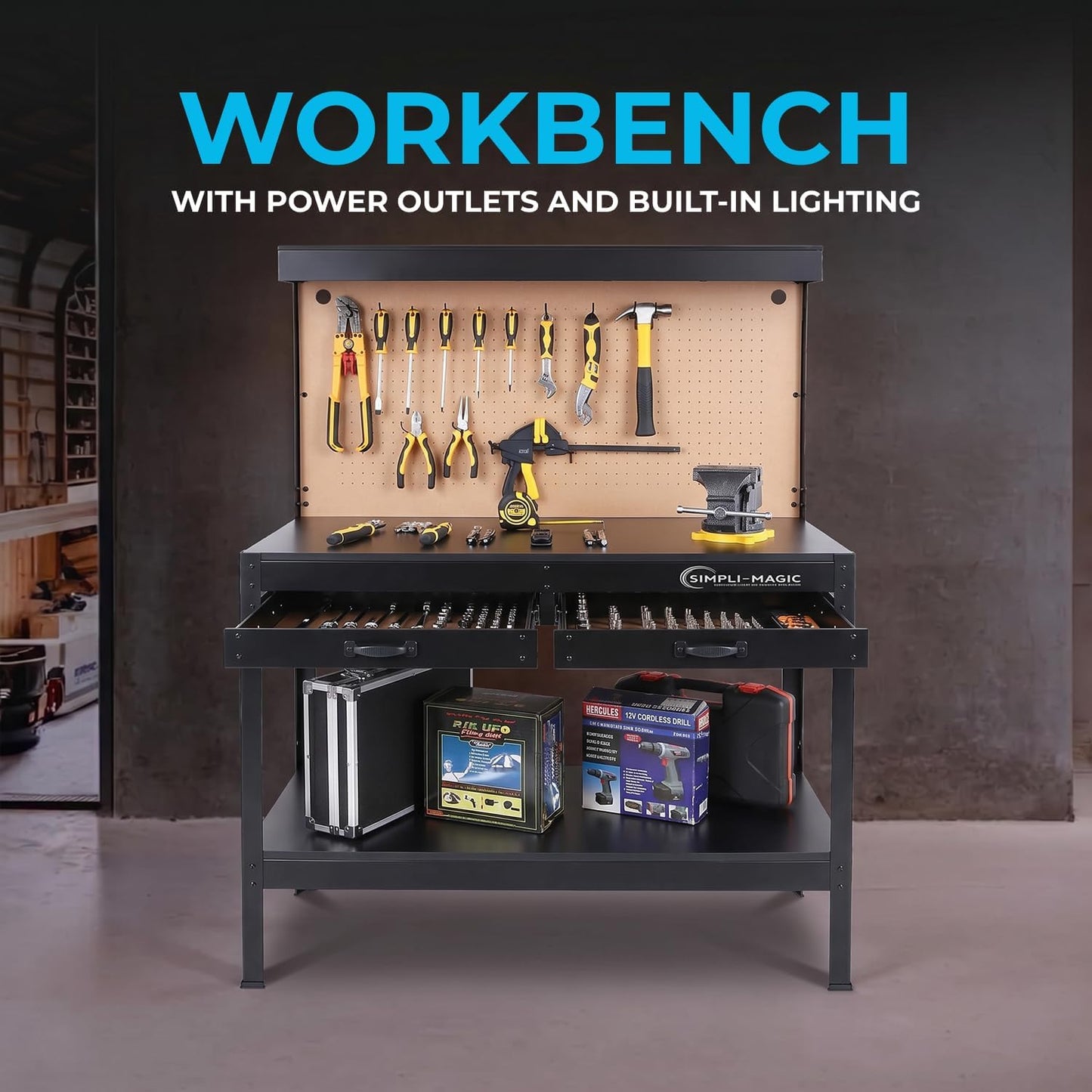 Simpli-Magic 48-Inch Workbench with Power Outlets and Light, Large Capacity 500LBS Evenly Distributed