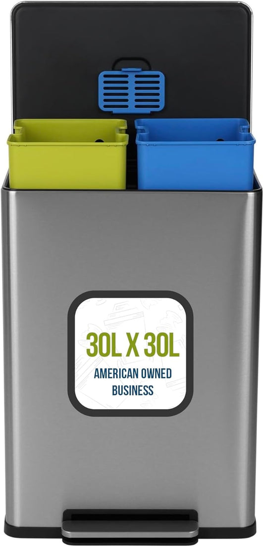 SIMPLI-MAGIC 16 Gallon (60L) Step Trash Can – Dual Compartment Kitchen Garbage Can – Waste & Recycling Bins, Slow-Close Lid, Odor Control, Hands-Free, Easy to Clean, Infinity Edge Stainless Steel