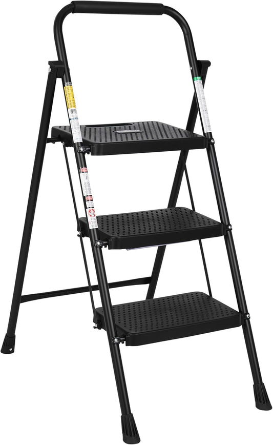 SIMPLI-MAGIC 3-Step Ladder, 800 LBS Capacity Folding Step Stool – Anti-Slip Wide Steps & Handgrip – ANSI Certified Lightweight & Durable Steel Stepping Stool for Kitchen, Home, Office & Garage