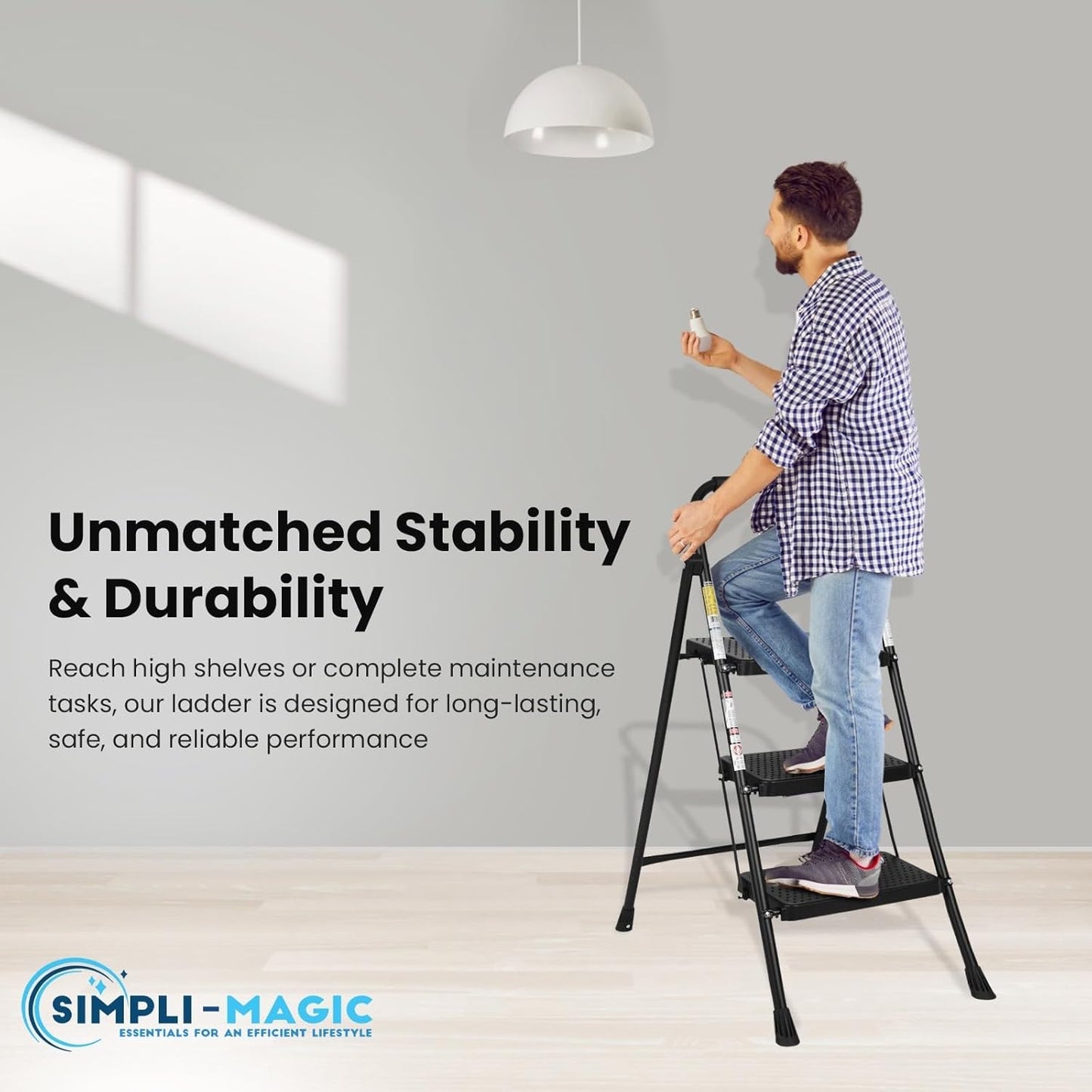 SIMPLI-MAGIC 3-Step Ladder, 800 LBS Capacity Folding Step Stool – Anti-Slip Wide Steps & Handgrip – ANSI Certified Lightweight & Durable Steel Stepping Stool for Kitchen, Home, Office & Garage