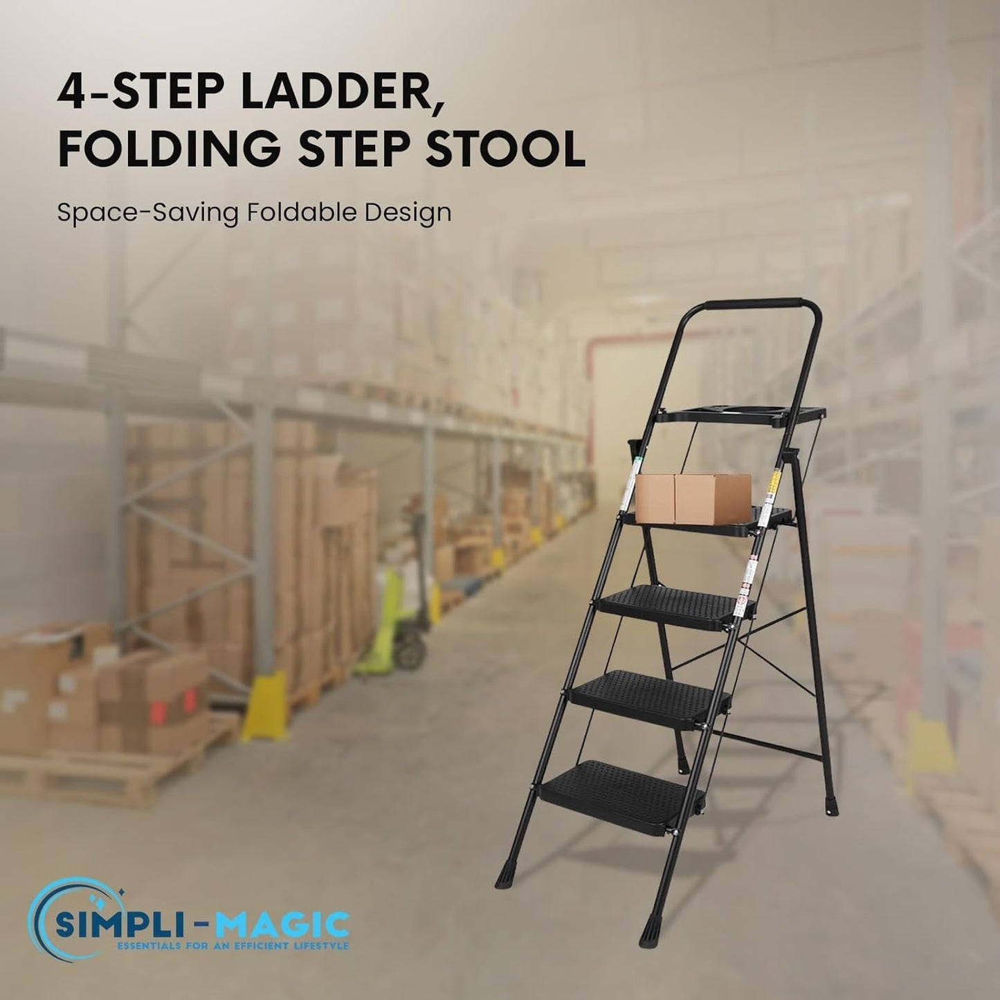 SIMPLI-MAGIC 4-Step Ladder, 800 LBS Capacity Folding Step Stool – Anti-Slip Wide Steps & Handgrip – ANSI Certified Lightweight & Durable Steel Stepping Stool for Kitchen, Home, Office & Garage