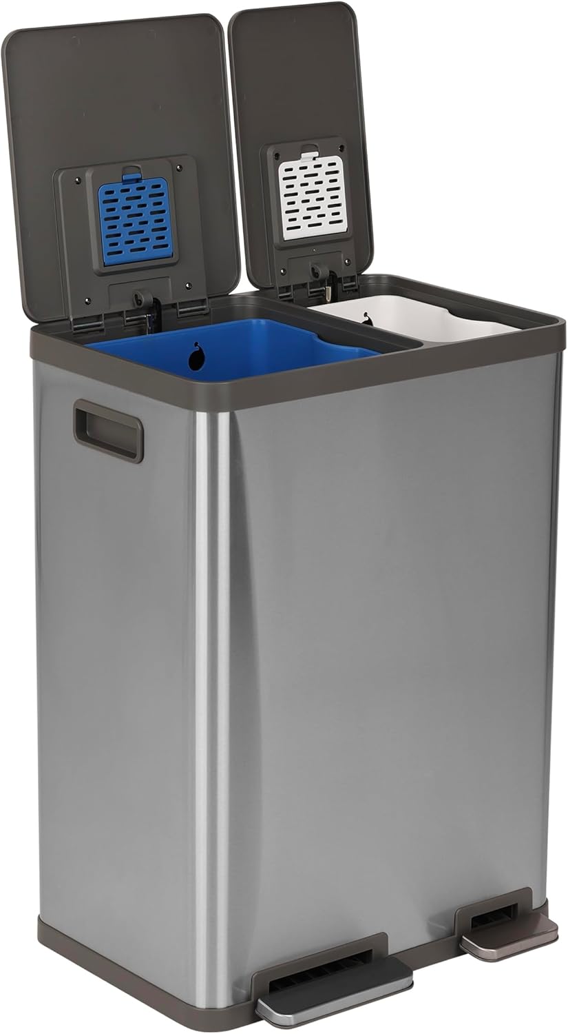 SIMPLI-MAGIC 16 Gallon (38L x 22L) Dual Compartment Step Trash Can – Kitchen Garbage Can With Waste & Recycling Bins – Slow-Close Lid, Odor Control, Hands-Free, Easy to Clean, Brushed Stainless Steel