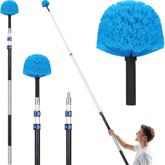 Simpli-Magic 5-to-12 Foot Cobweb Duster with Extension Pole Combo (20 Ft Reach, Medium-Stiff Bristles), Spider Web Brush with Pole - Hand-Packaged, Lightweight, 3-Stage Aluminum Pole
