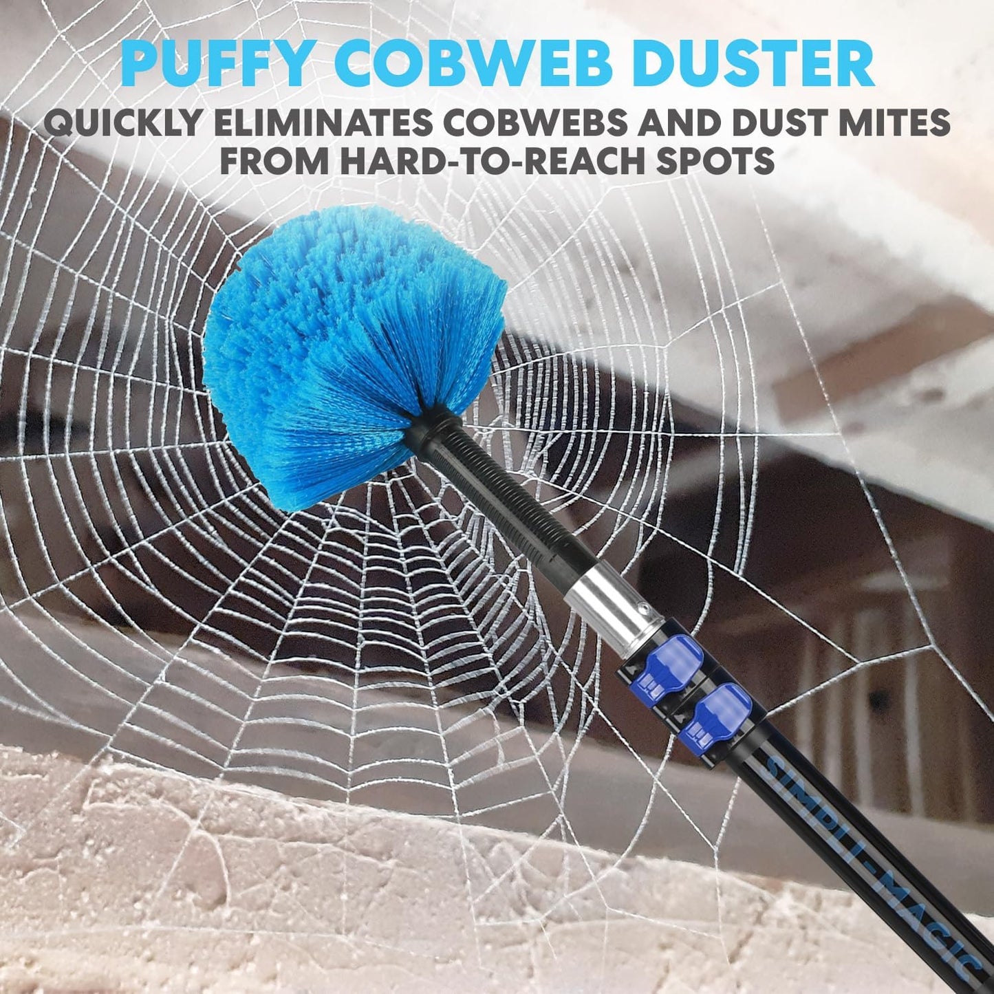Simpli-Magic 5-to-12 Foot Cobweb Duster with Extension Pole Combo (20 Ft Reach, Medium-Stiff Bristles), Spider Web Brush with Pole - Hand-Packaged, Lightweight, 3-Stage Aluminum Pole