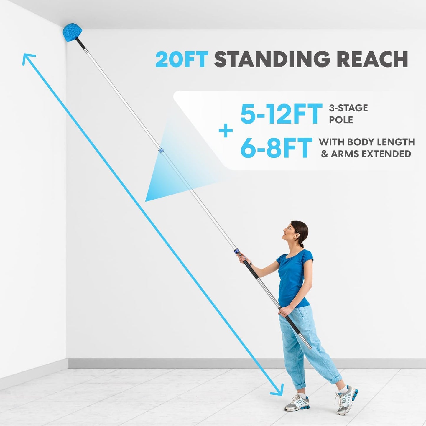 Simpli-Magic 5-to-12 Foot Cobweb Duster with Extension Pole Combo (20 Ft Reach, Medium-Stiff Bristles), Spider Web Brush with Pole - Hand-Packaged, Lightweight, 3-Stage Aluminum Pole