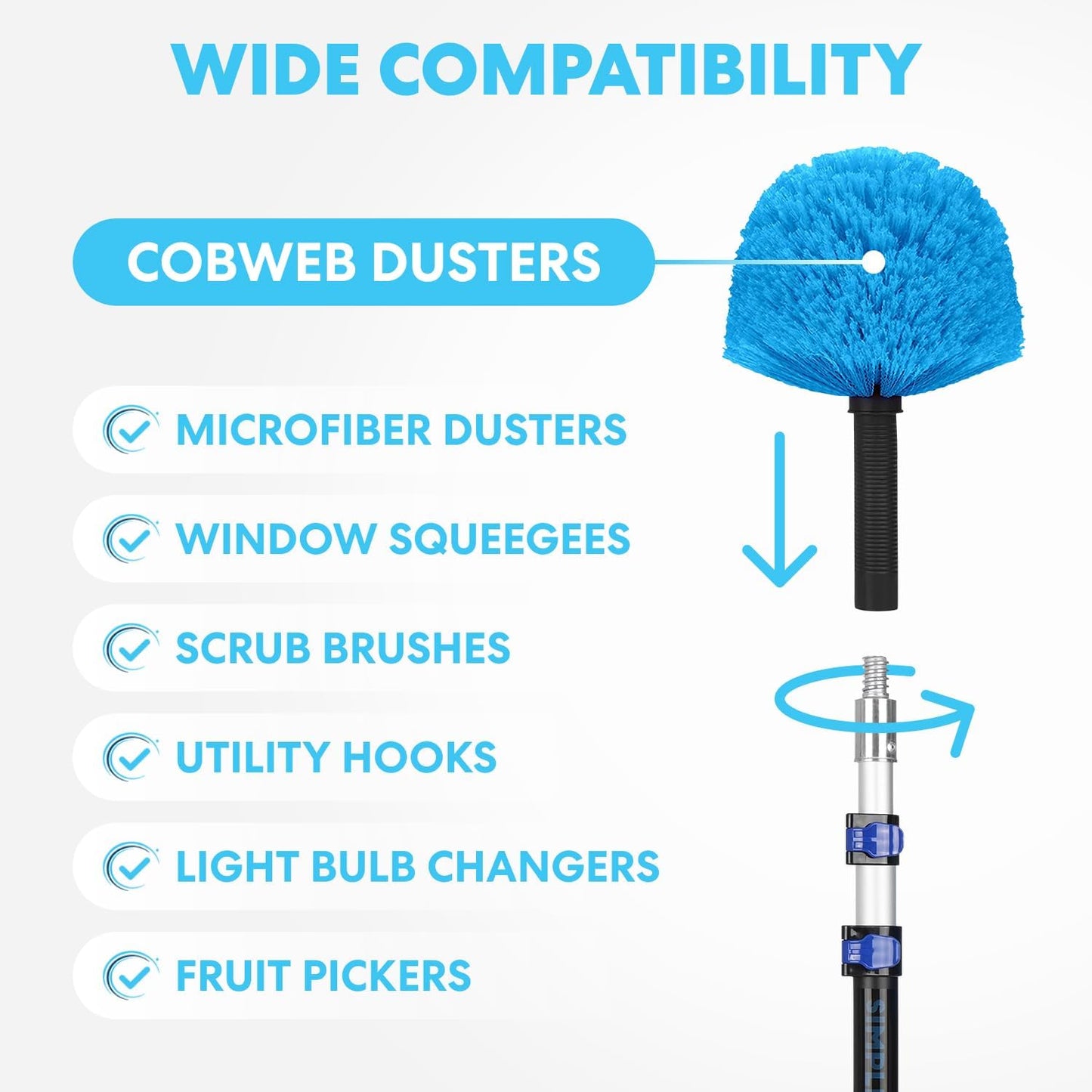 Simpli-Magic 5-to-12 Foot Cobweb Duster with Extension Pole Combo (20 Ft Reach, Medium-Stiff Bristles), Spider Web Brush with Pole - Hand-Packaged, Lightweight, 3-Stage Aluminum Pole