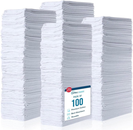 SIMPLI-MAGIC Cotton Shop Towels 14"x12" (100 Pack) – Reusable Cleaning Shop Rags for Automobiles, Industries, Garage and Homes (White)