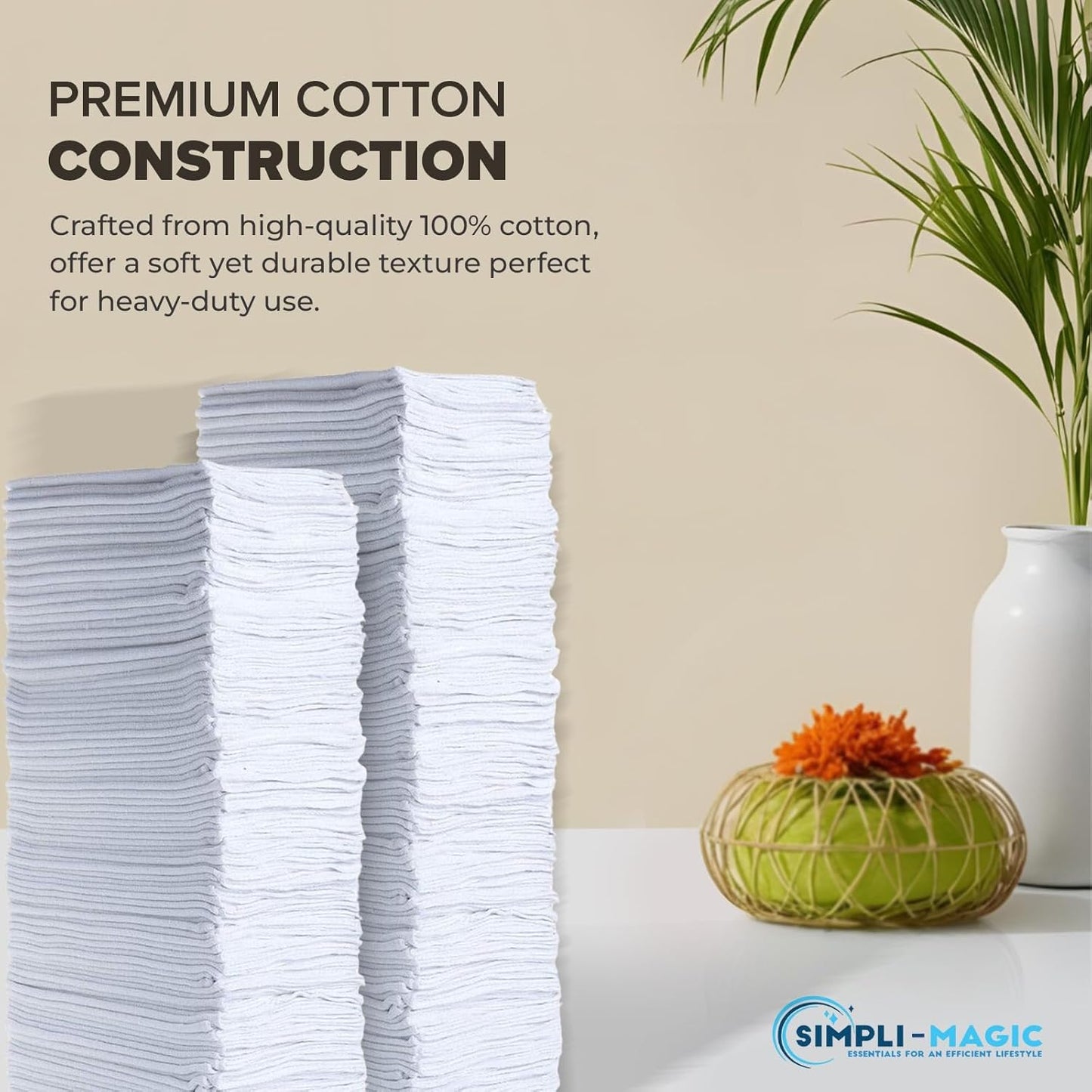 SIMPLI-MAGIC Cotton Shop Towels 14"x12" (100 Pack) – Reusable Cleaning Shop Rags for Automobiles, Industries, Garage and Homes (White)