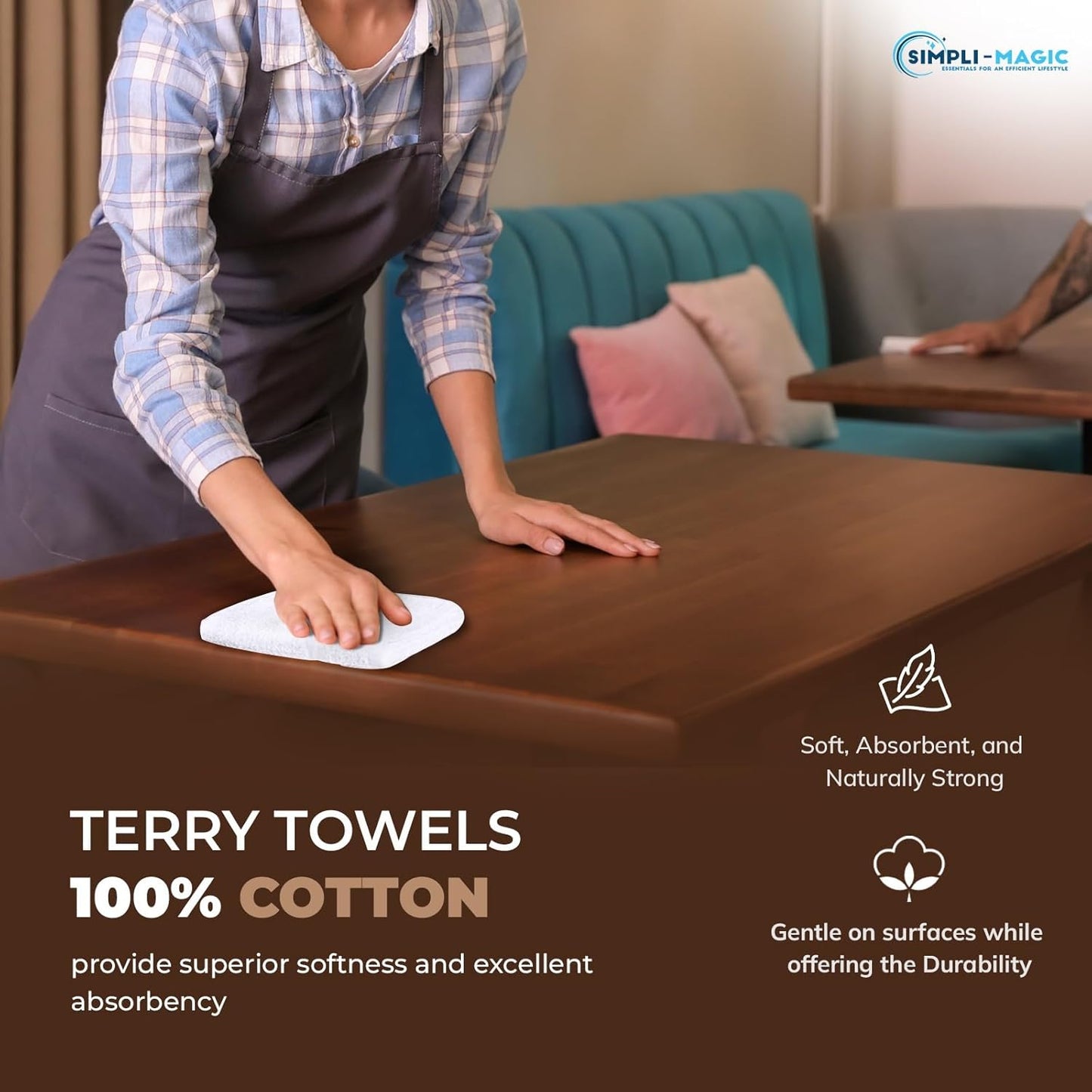 SIMPLI-MAGIC Cotton Terry Towels 14"x17" (60 Pack) – Highly Absorbent Soft Cleaning Rags – Commercial Terry Cloth for Kitchen, Bar, Restaurant (White)