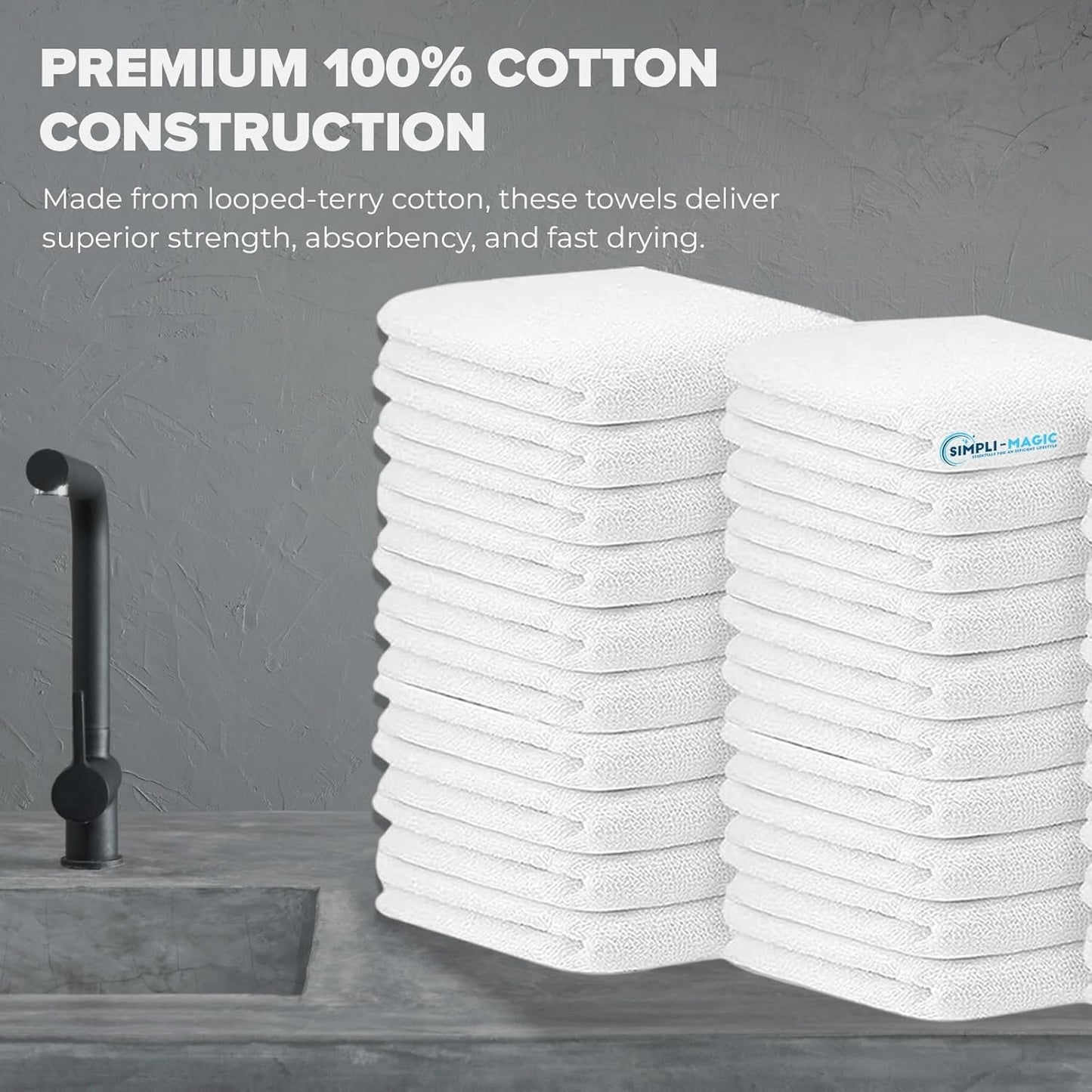 SIMPLI-MAGIC Cotton Terry Towels 14"x17" (60 Pack) – Highly Absorbent Soft Cleaning Rags – Commercial Terry Cloth for Kitchen, Bar, Restaurant (White)