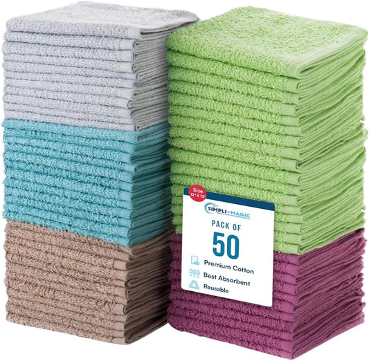 SIMPLI-MAGIC Cotton Wash Cloths 12"x12" (50 Pack) – Highly Absorbent Soft Towels for Bathroom – Commercial Terry Washcloth for Face, Hand, Bath, Kitchen, Gym & Hotel (Multicolor)