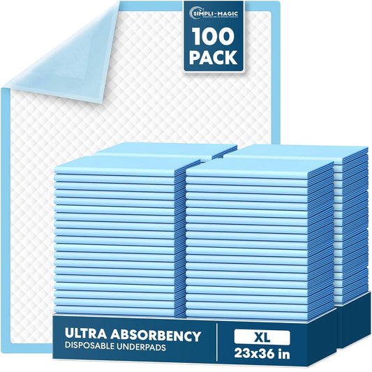 Simpli-Magic Disposable Underpads 23'' X 36'' (100-Count) Incontinence Pads, Chux, Bed Covers, Puppy Training | Thick, Super Absorbent Protection for Kids, Adults, Elderly | Liquid, Urine, Accidents