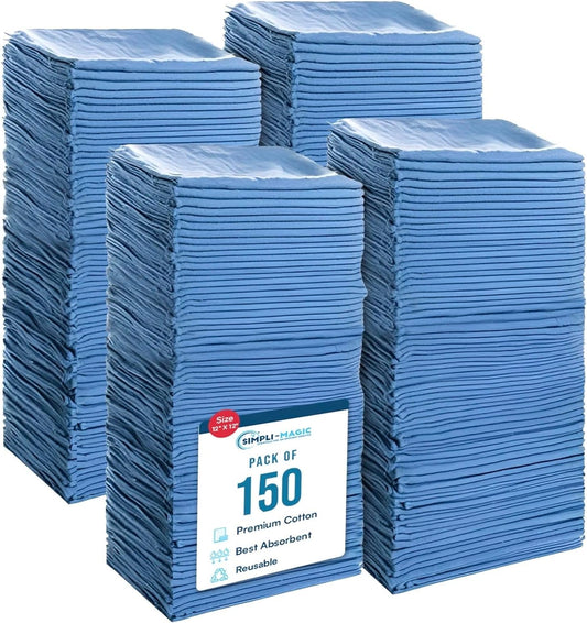 SIMPLI-MAGIC Cotton Shop Towels 14"x12" (150 Pack) – Reusable Cleaning Shop Rags for Automobiles, Industries, Garage and Homes (Blue)