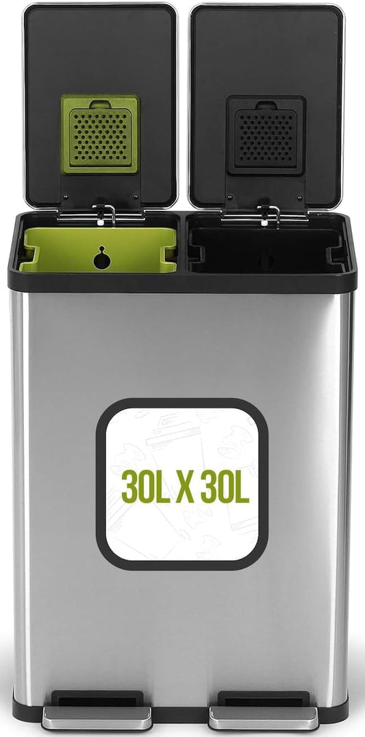 SIMPLI-MAGIC 16 Gallon (60L) Dual Compartment Step Trash Can – Kitchen Garbage Can With Waste & Recycling Bins – Slow-Close Lid, Odor Control, Hands-Free, Inner Bases, Premium Stainless Steel