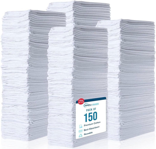 SIMPLI-MAGIC Cotton Shop Towels 14"x12" (150 Pack) – White Reusable Cleaning Shop Rags for Automobiles, Industries, Garage and Homes