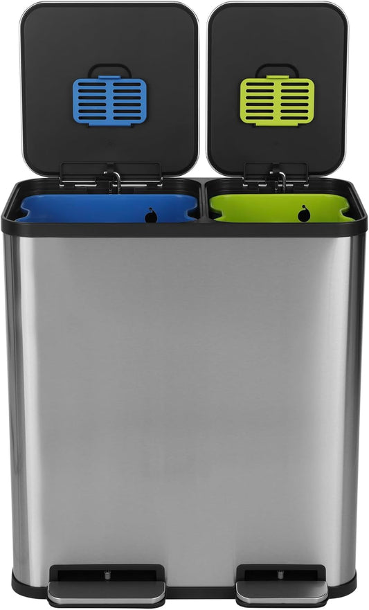 SIMPLI-MAGIC 18.5 Gallon (40L x 30L) Dual Compartment Step Trash Can – Kitchen Garbage Can With Waste & Recycling Bins – Slow-Close Lid, Odor Control, Hands-Free, Stainless Steel