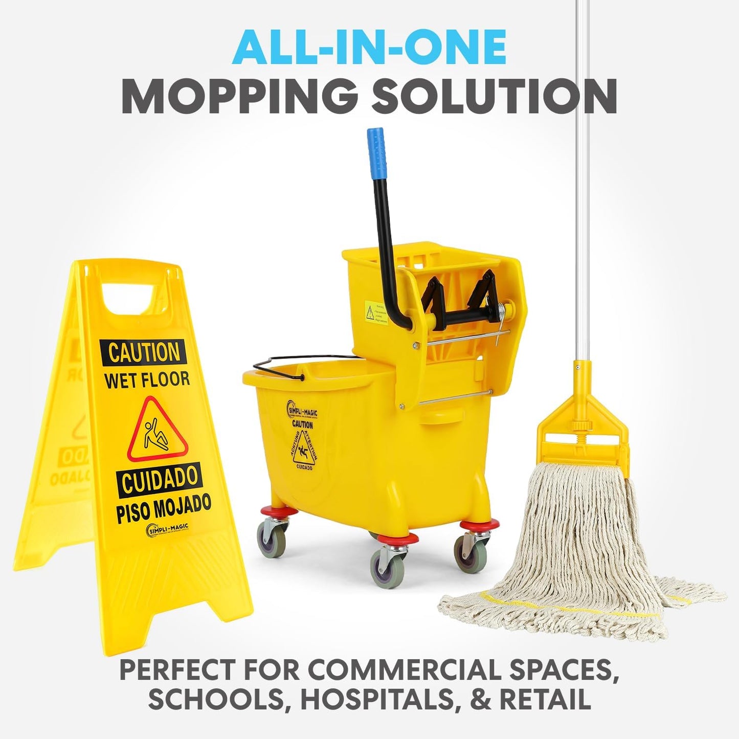 Simpli-Magic Side Press Wringer Combo Commercial Mop Bucket on Wheels, 35 Quart,Yellow, Including Wet Floor Caution Sign and Mop Set