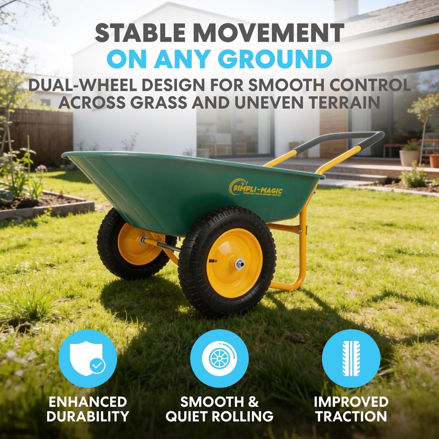 SIMPLI-Magic Dual-Wheel Wheelbarrow Garden Cart - Heavy Duty Yard Cart with 5 Cu Ft Capacity, 330 lb Load, 13” Pneumatic Wheels & Built-in Stand for Lawn, Soil, Mulch & Construction