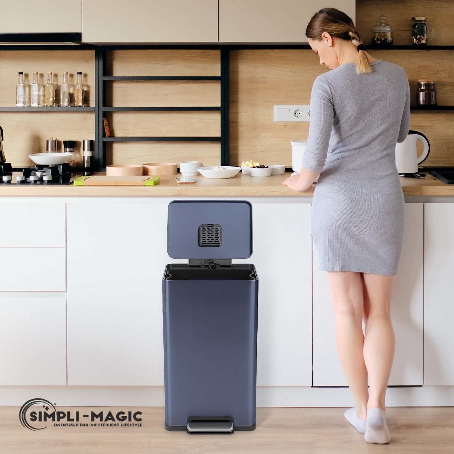 50 Liter / 13.2 Gallon Soft-Close, Smudge Resistant Trash Can with Foot Pedal and Built in Filter- Blue