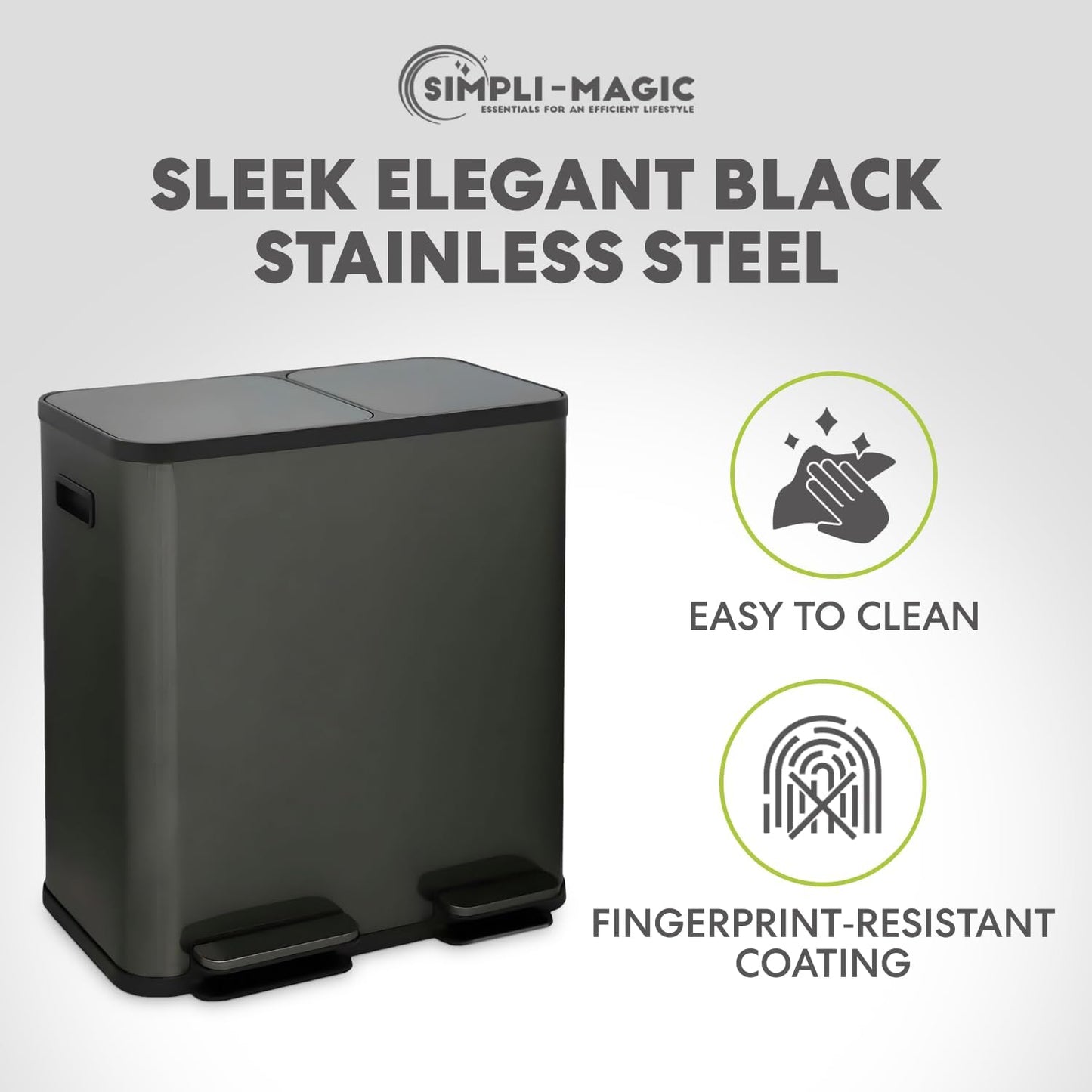 70 Liter / 18.5 Gallon Dual Compartment Recycling Trash Can - Hands-Free Kitchen Step Bin with Soft-Close Lid, Odor Filter, Stainless Steel Foot Pedal, Black Finish (40L + 30L) Elegant Black Finish