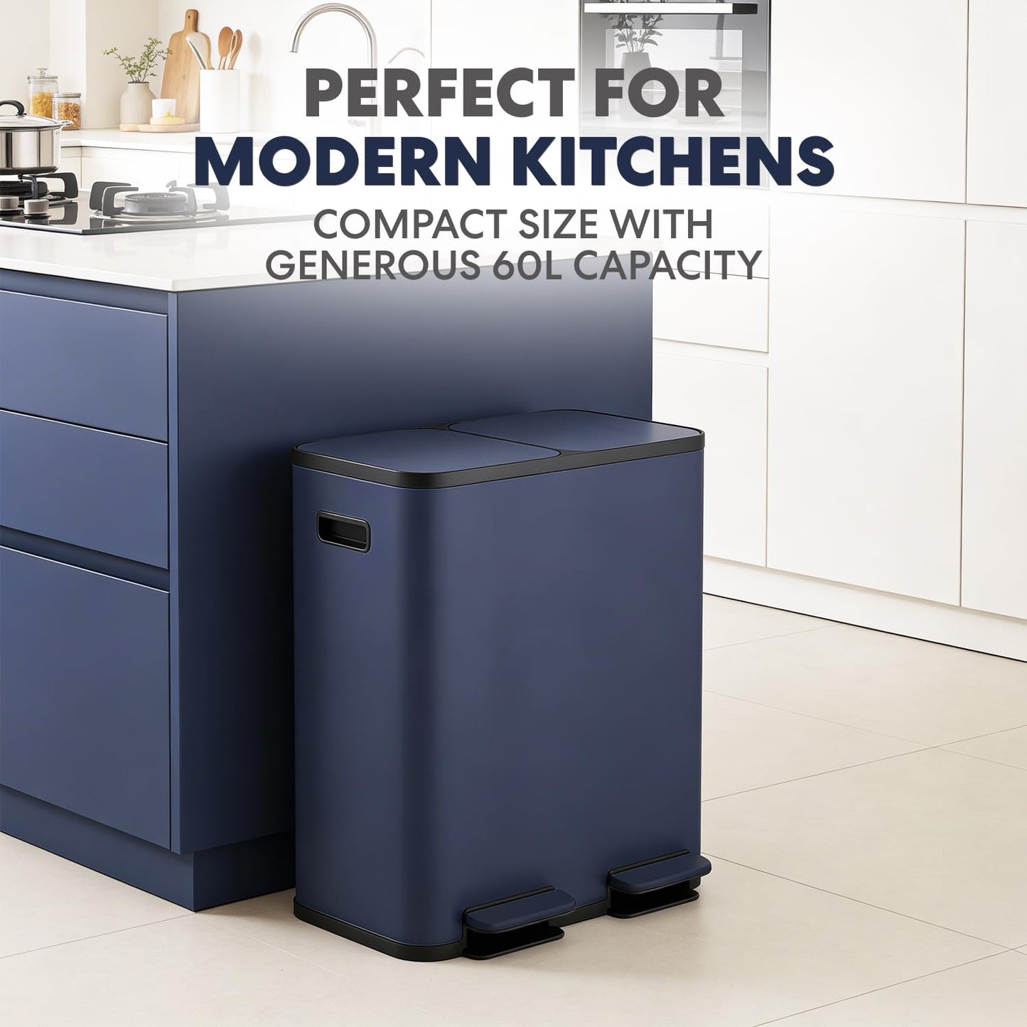 60 Liter / 16 Gallon Rectangular Hands-Free Dual Compartment Recycling Kitchen Step Trash Can with Soft-Close Single Lid, Stainless Steel (30L x 30L Capacity) Blue