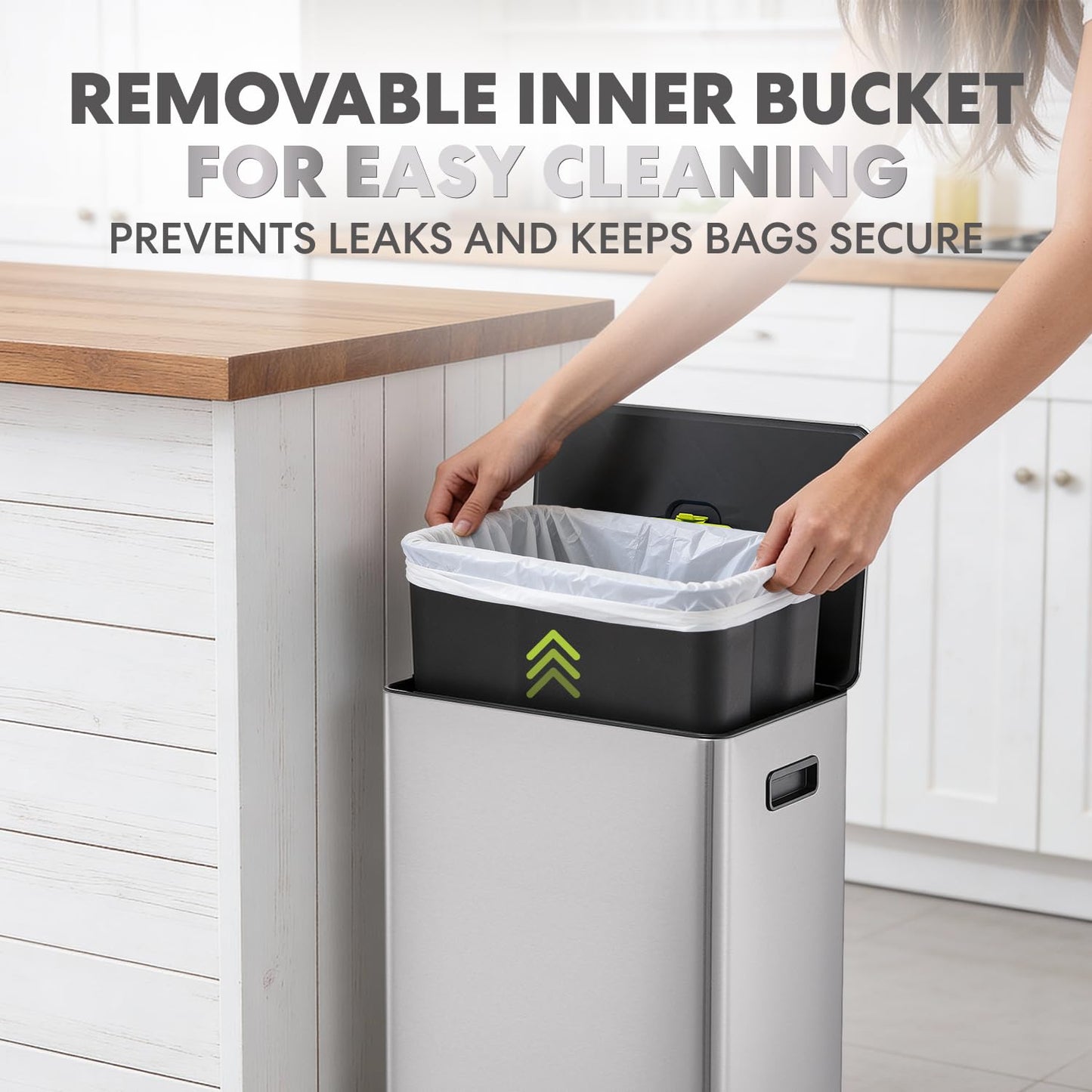 Simpli-Magic Infinity Edge 60 Liter / 16 Gallon Rectangular Hands-Free Extra Large Kitchen Step Trash Can, Soft-Close Single Lid Recycling Bin, Stainless Steel, Silver