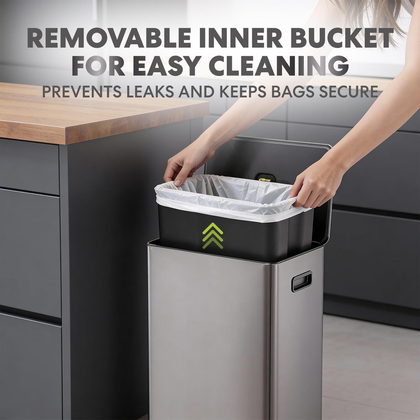 Simpli-Magic Infinity Edge 60 Liter / 16 Gallon Rectangular Hands-Free Extra Large Kitchen Step Trash Can, Soft-Close Single Lid Recycling Bin, Stainless Steel, Black